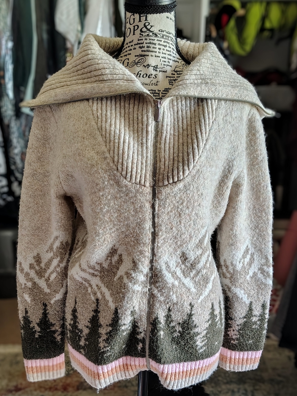Neutral Forest-Print Zip Cardigan Sweater - Beige/Green